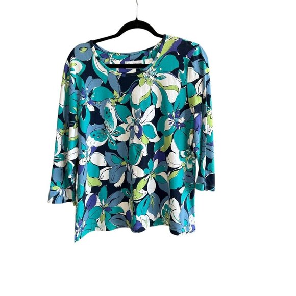 Alfred Dunner Blue Floral Print Stretch Cotton Pullover Top Size L Petite - Picture 1 of 7